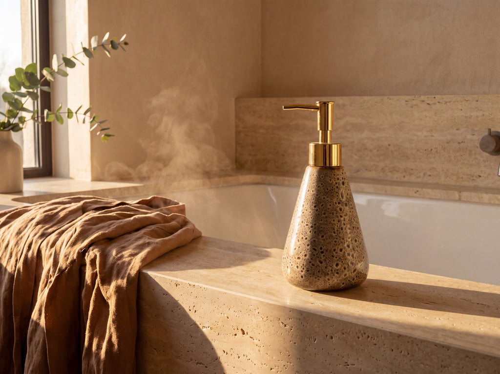 Speckled ceramic dispenser on the ledge of a travertine bathtub with a linen robe and eucalyptus.