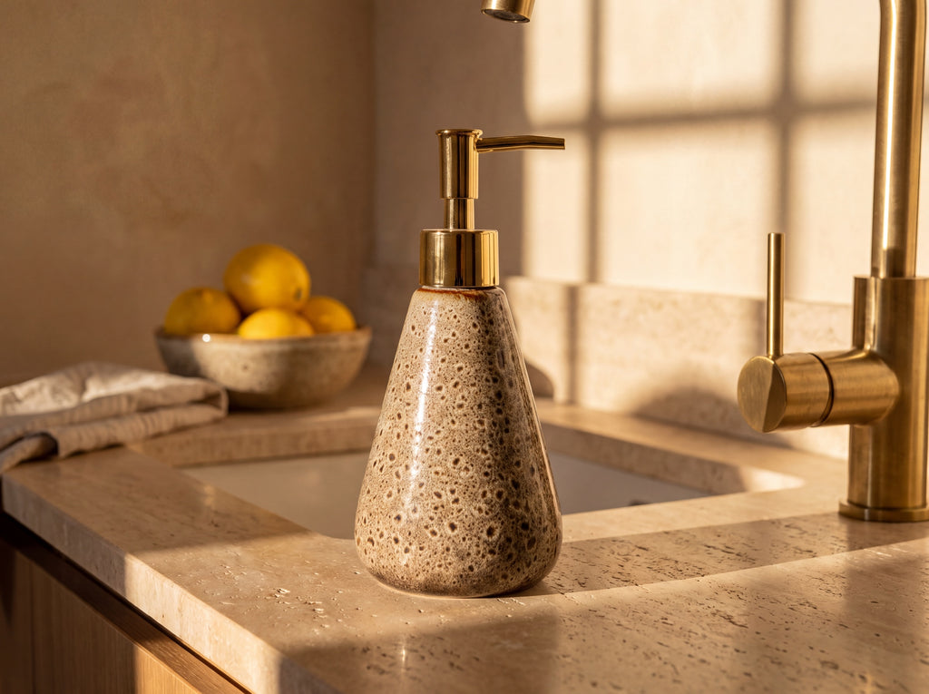 Ceramic soap dispenser with gold pump by a kitchen sink with a bowl of lemons.