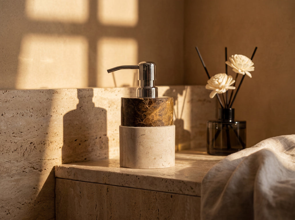 Two-tone emperador and cream marble soap dispenser with a chrome pump on a sunlit travertine ledge with a reed diffuser and linen.