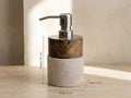 Two-tone marble soap dispenser annotated with Height 9.5 cm, Width 8 cm, and Depth 8 cm.