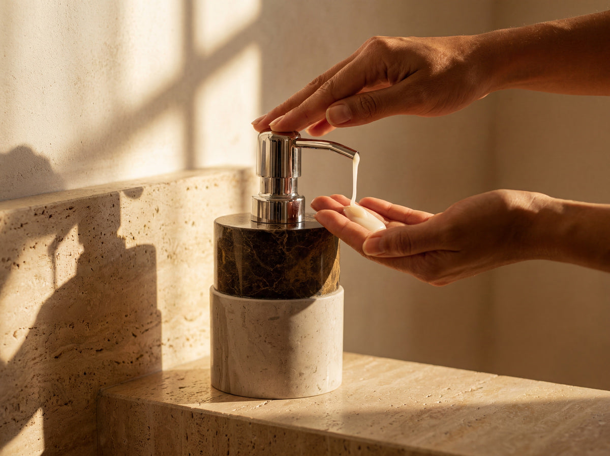 A woman presses the chrome pump of a two-tone marble soap dispenser, dispensing creamy white soap into her cupped hand.