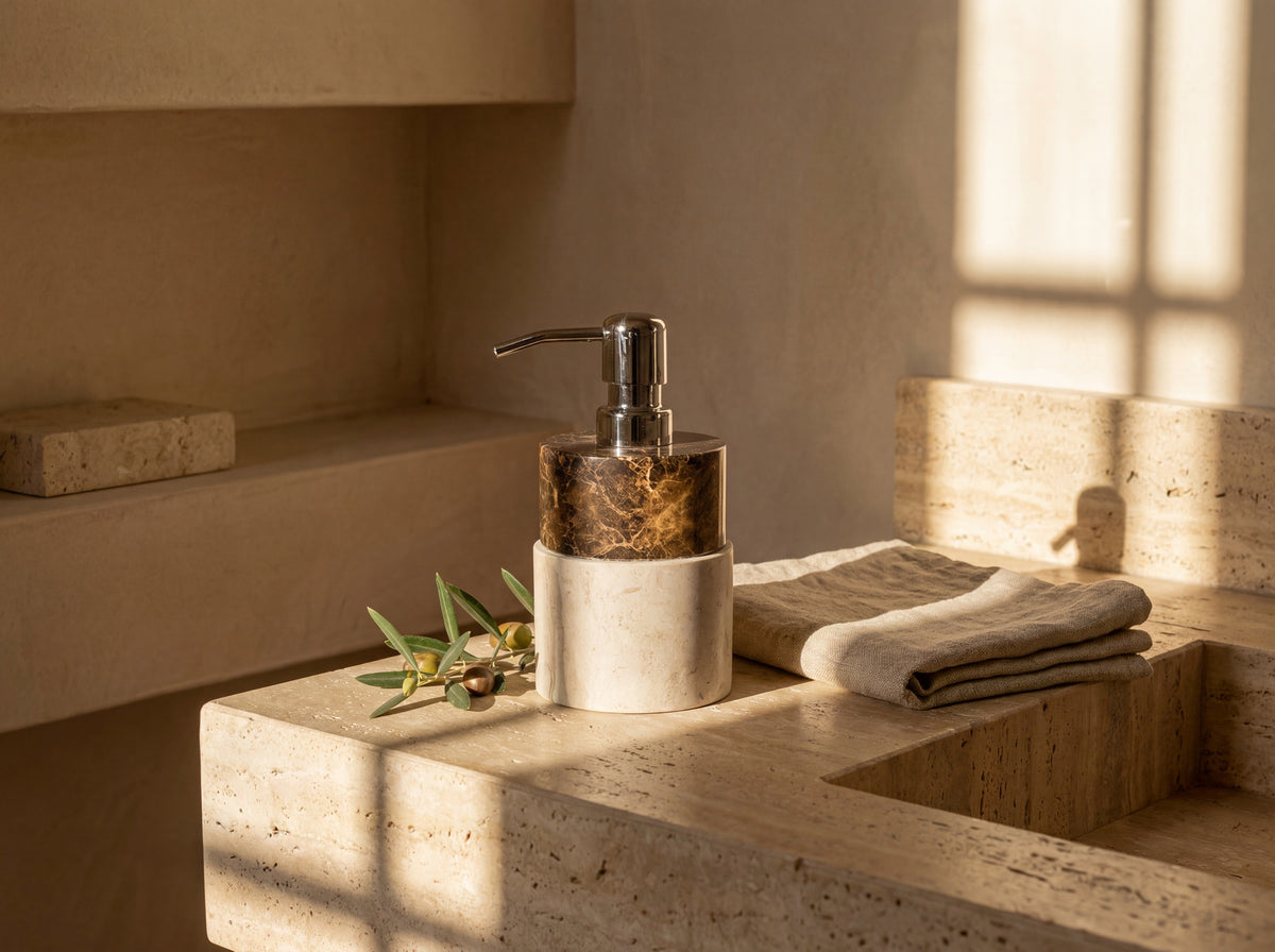 Two-tone marble soap dispenser styled on a stone bathroom vanity with linen and an olive stem in warm light.